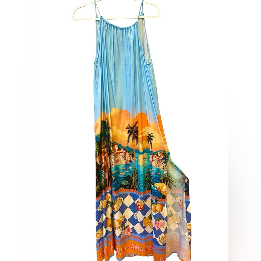 🌴 Label of Love “Blue Oasis” Maxi Dress – Resort Coastal Print, Size Small NWT